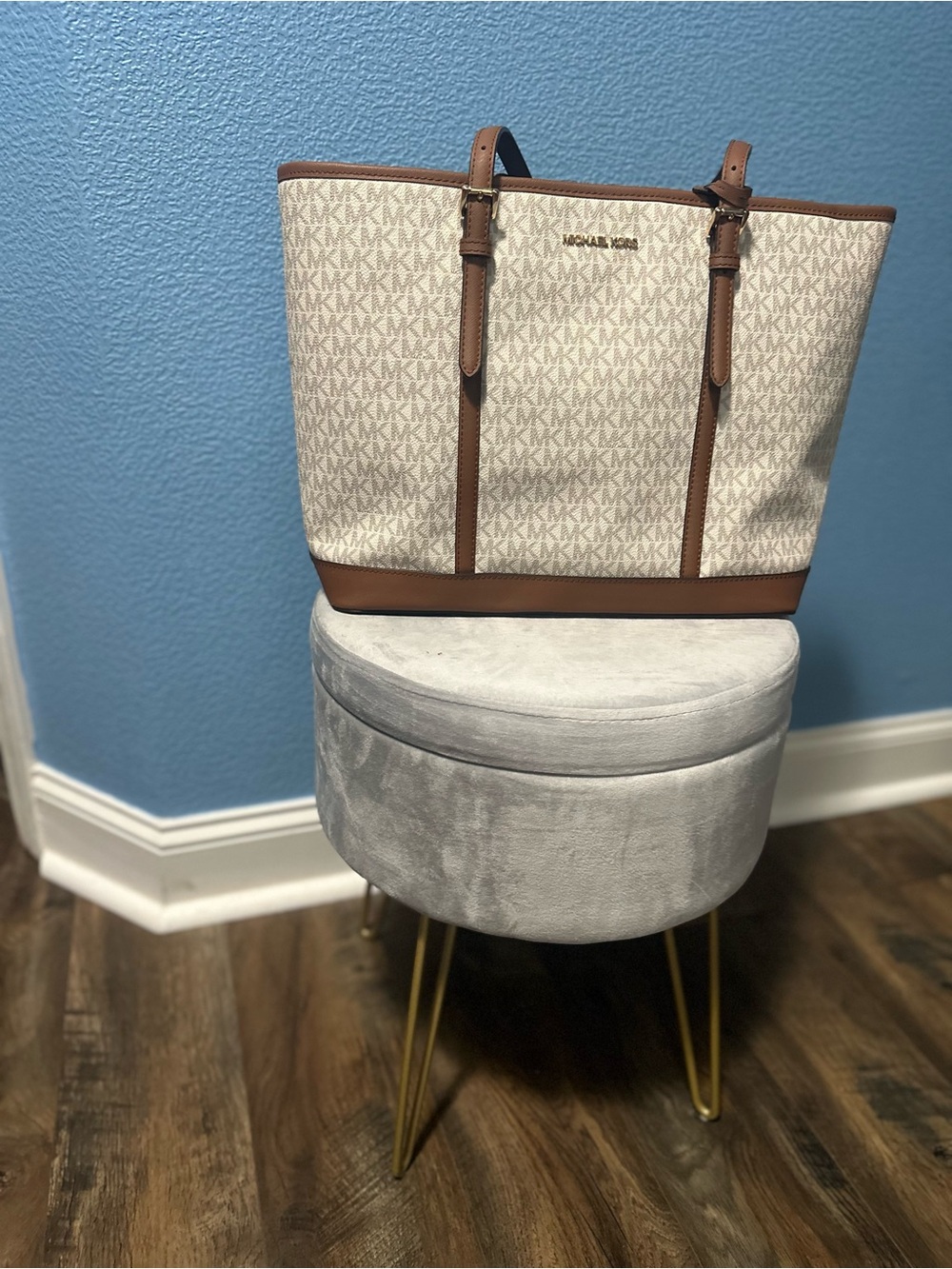 Michael Kors Cream Logo Tote with Brown Trim